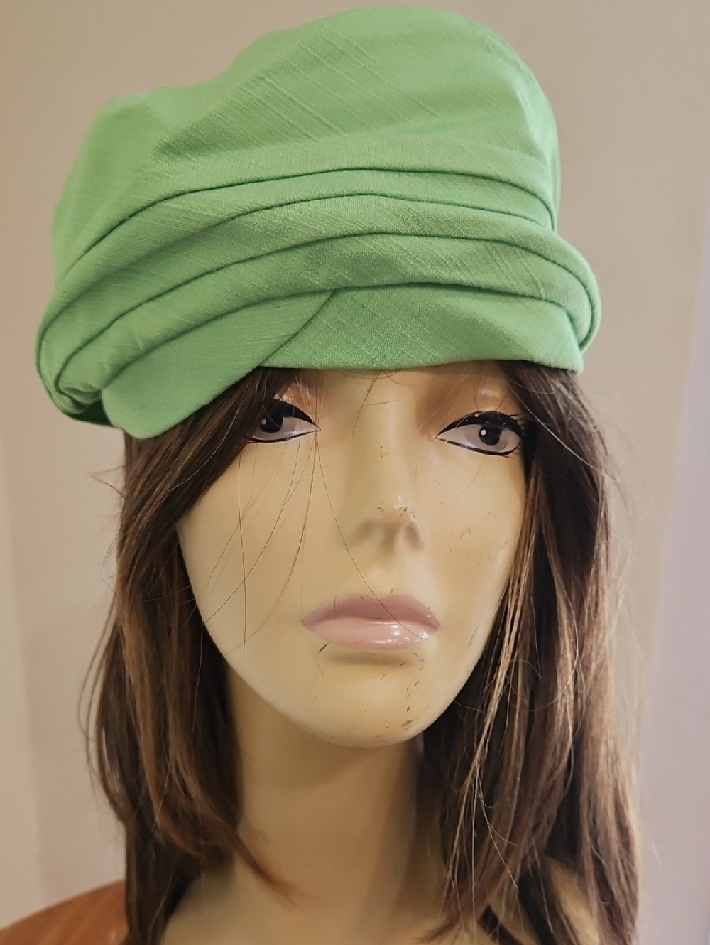 LIME GREEN PLEATED TOP‎  BERET STYLE CLOTH HAT Made In USA - Picture 2 of 10